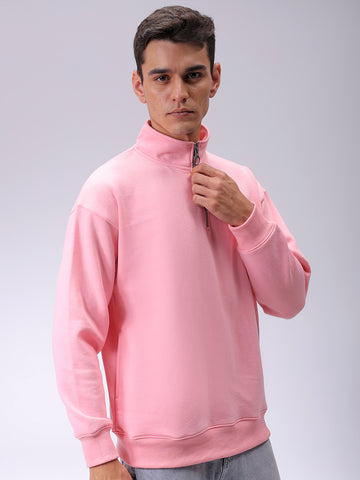 Men's Pink Relaxed Fit Solid Overhead-Highneck Sweatshirt
