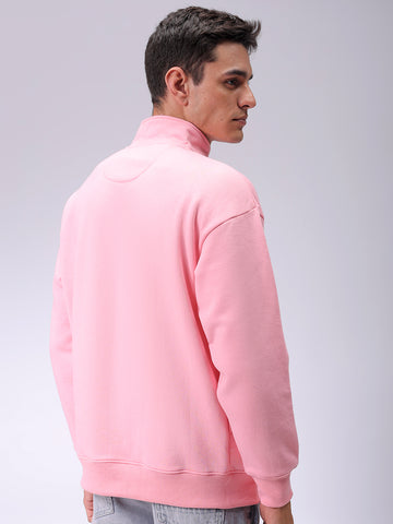Men's Pink Relaxed Fit Solid Overhead-Highneck Sweatshirt