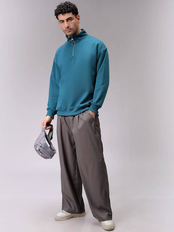 Men's Green Relaxed Fit Solid Overhead-Highneck Sweatshirt