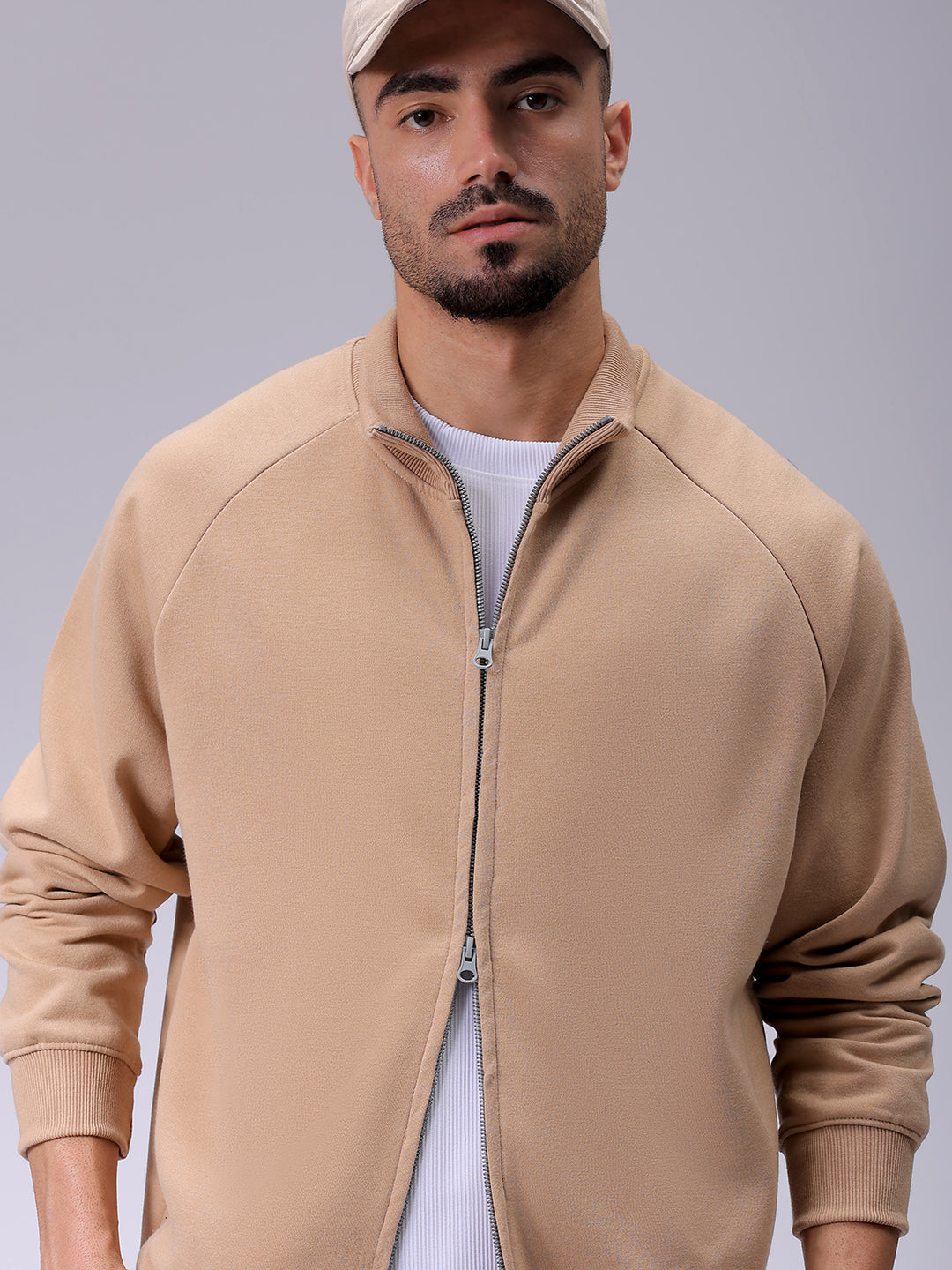 Men's Tan Relaxed Fit Solid Frontopen-Highneck Sweatshirt