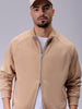 Men's Tan Relaxed Fit Solid Frontopen-Highneck Sweatshirt
