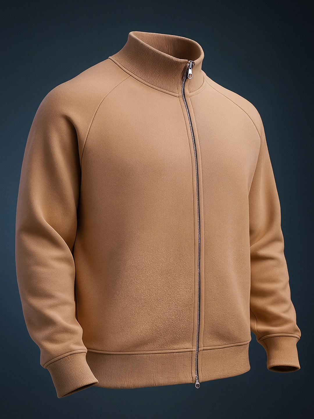 Men's Tan Relaxed Fit Solid Frontopen-Highneck Sweatshirt