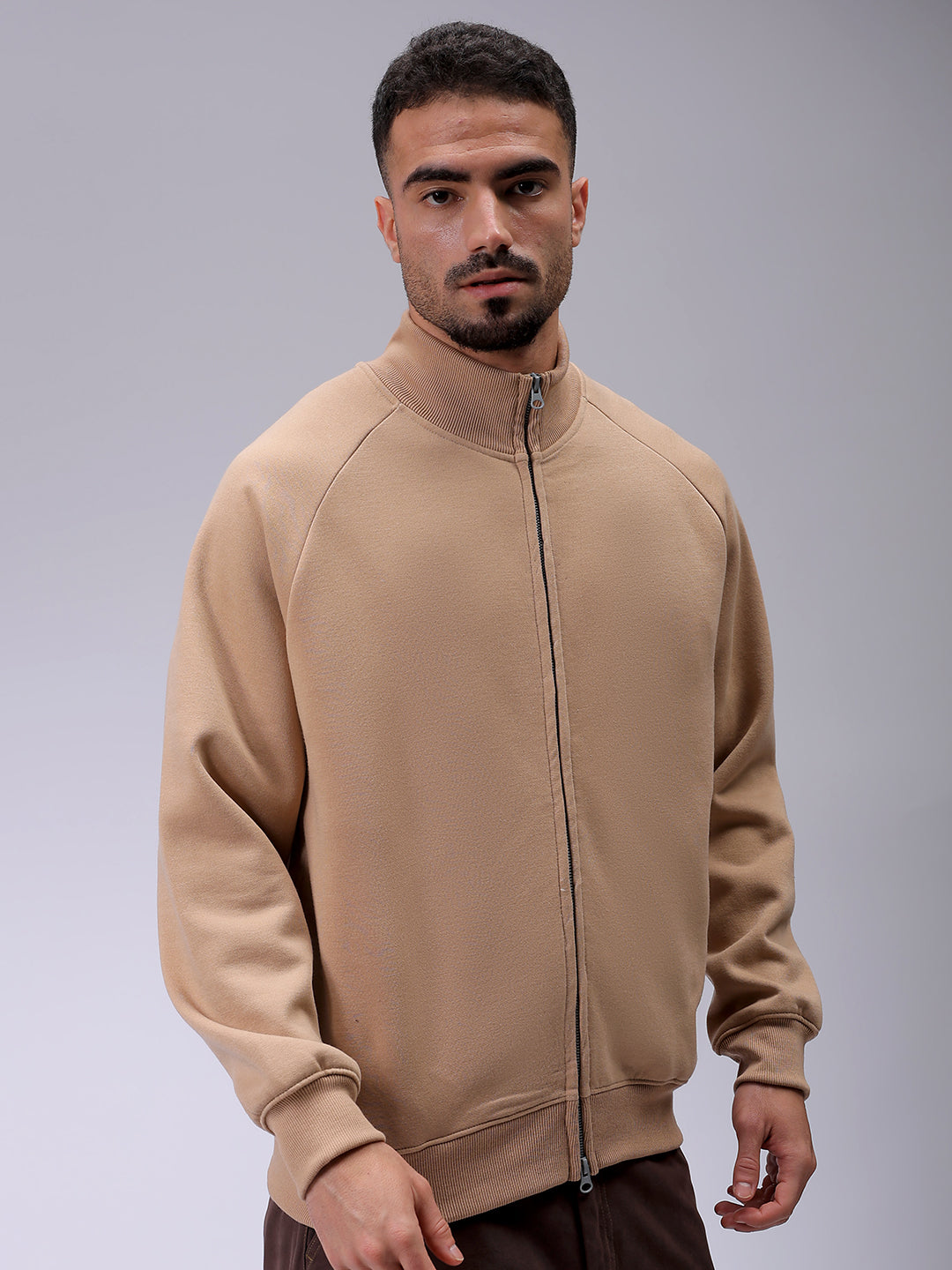 Men's Tan Relaxed Fit Solid Frontopen-Highneck Sweatshirt