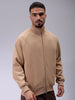 Men's Tan Relaxed Fit Solid Frontopen-Highneck Sweatshirt