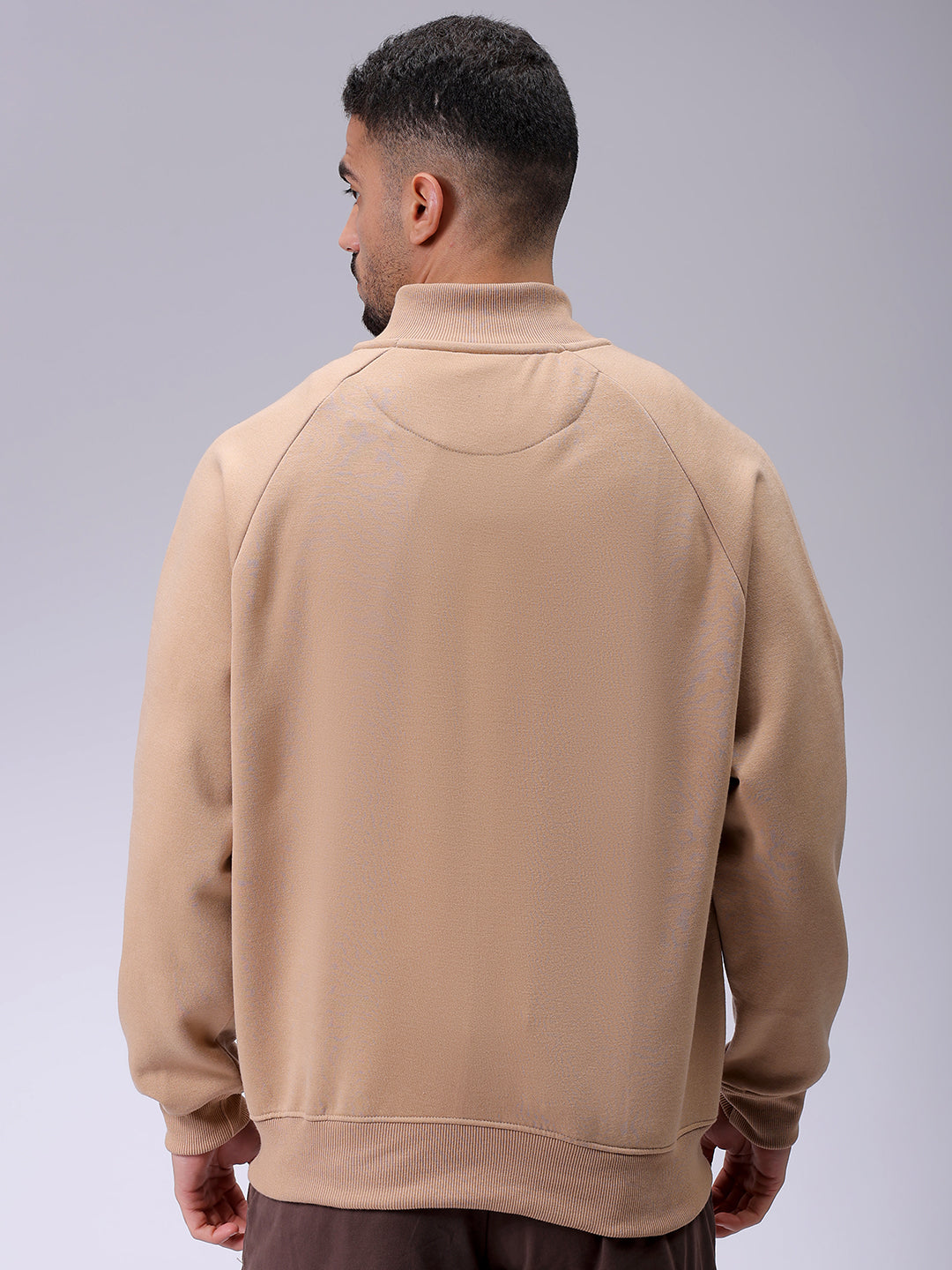 Men's Tan Relaxed Fit Solid Frontopen-Highneck Sweatshirt
