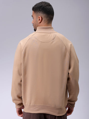 Men's Tan Relaxed Fit Solid Frontopen-Highneck Sweatshirt