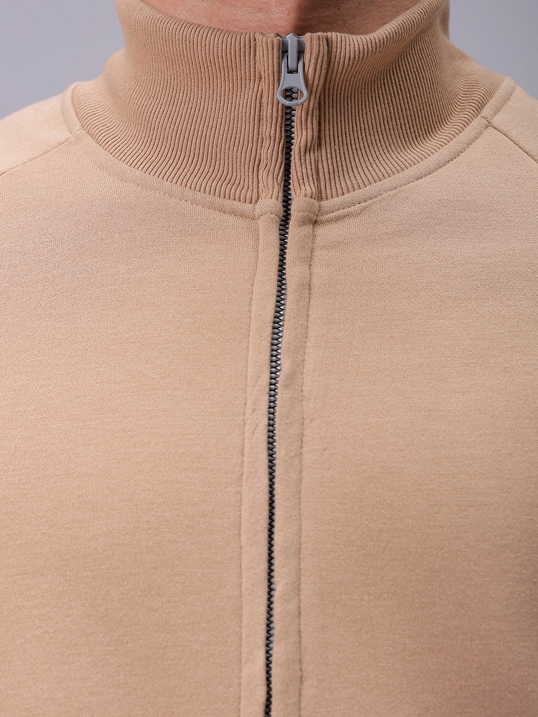 Men's Tan Relaxed Fit Solid Frontopen-Highneck Sweatshirt