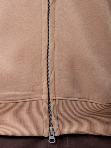 Men's Tan Relaxed Fit Solid Frontopen-Highneck Sweatshirt