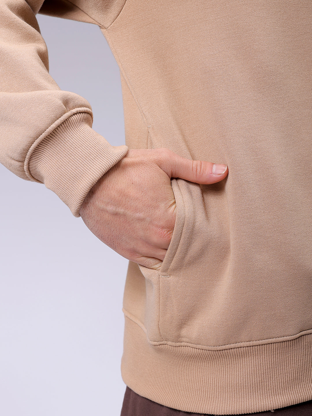 Men's Tan Relaxed Fit Solid Frontopen-Highneck Sweatshirt