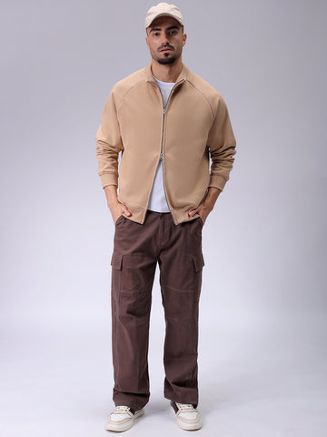 Men's Tan Relaxed Fit Solid Frontopen-Highneck Sweatshirt