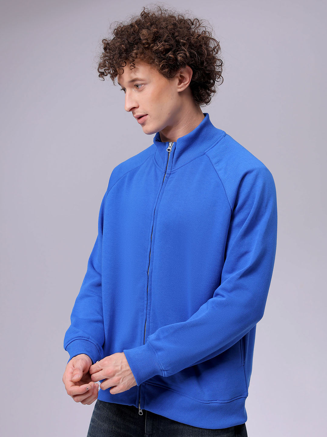 Men's Relaxed Fit Solid Frontopen Highneck Sweatshirt