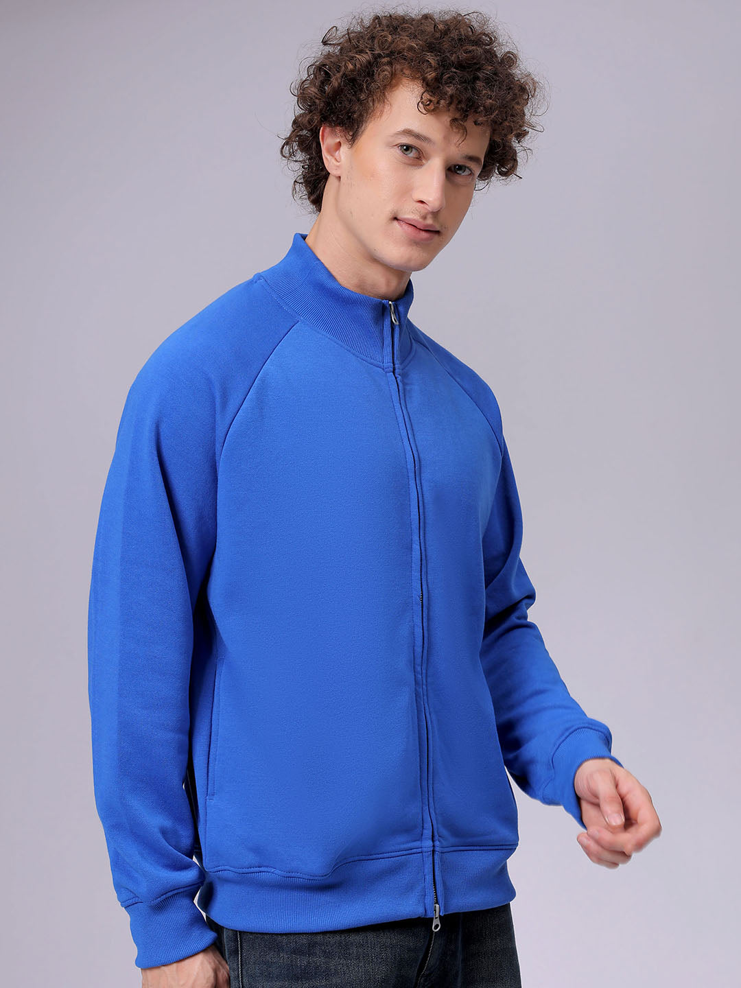Men's Relaxed Fit Solid Frontopen Highneck Sweatshirt