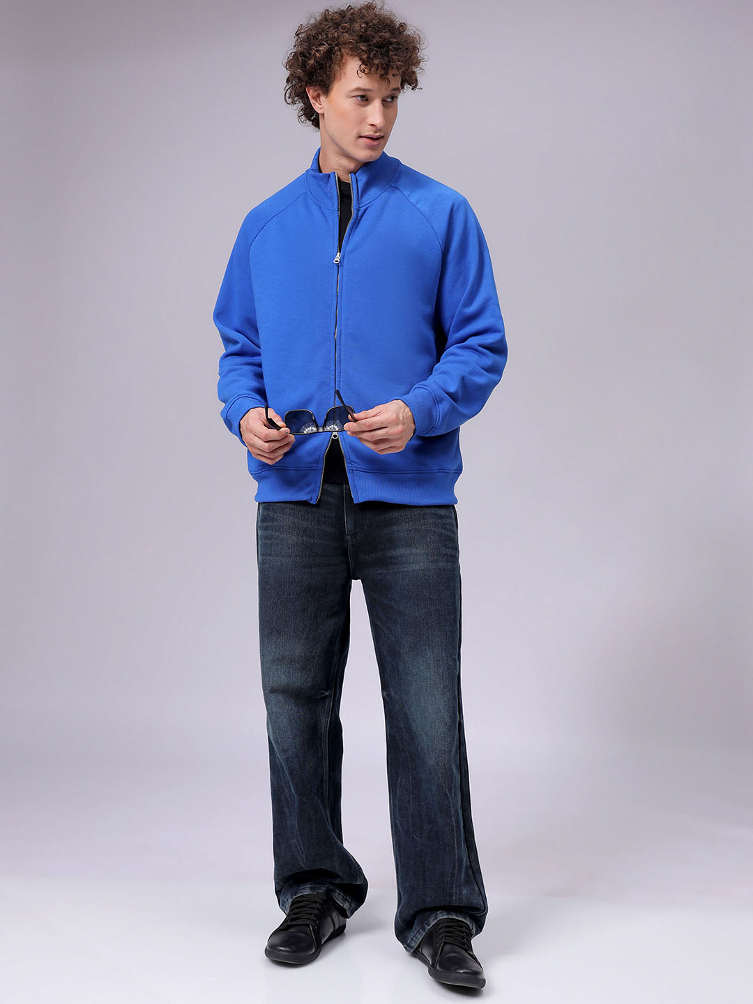 Men's Relaxed Fit Solid Frontopen Highneck Sweatshirt