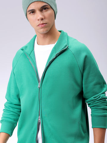 Men's Green Relaxed Fit Solid Frontopen-Highneck Sweatshirt