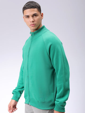 Men's Green Relaxed Fit Solid Frontopen-Highneck Sweatshirt