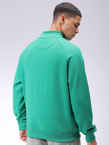 Men's Green Relaxed Fit Solid Frontopen-Highneck Sweatshirt