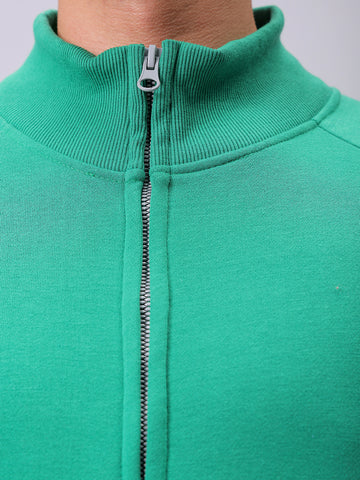 Men's Green Relaxed Fit Solid Frontopen-Highneck Sweatshirt