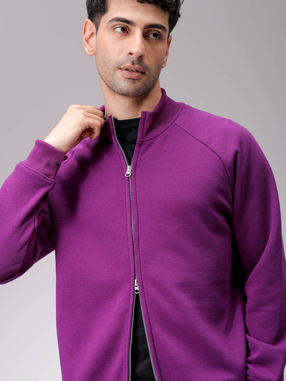 Men's Purple Relaxed Fit Solid Frontopen-Highneck Sweatshirt