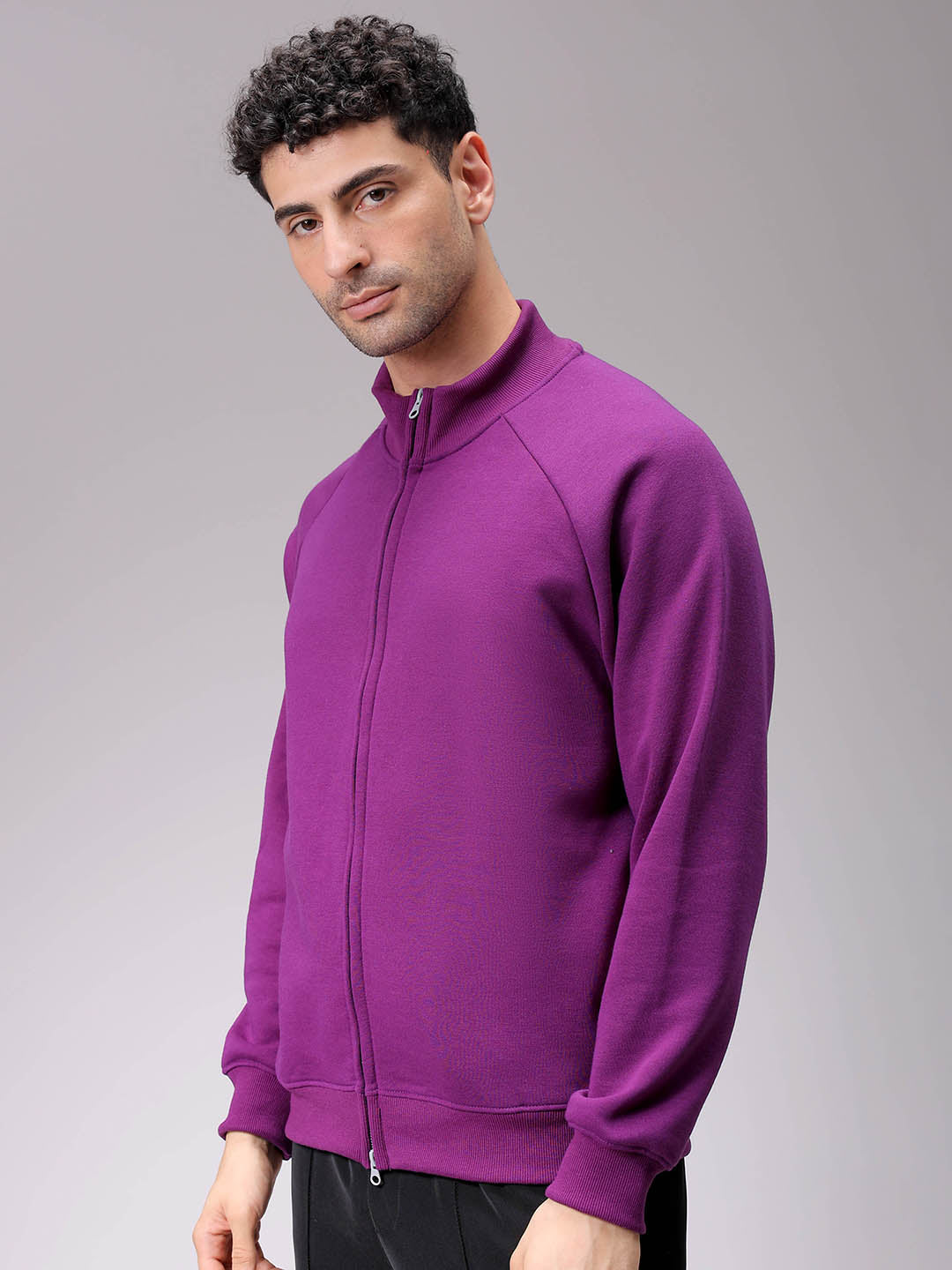 Men's Purple Relaxed Fit Solid Frontopen-Highneck Sweatshirt