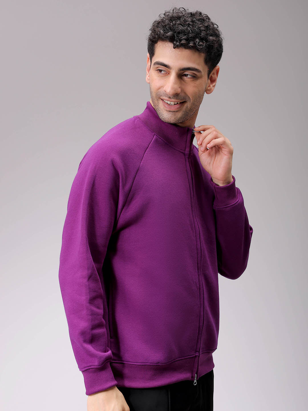 Men's Purple Relaxed Fit Solid Frontopen-Highneck Sweatshirt
