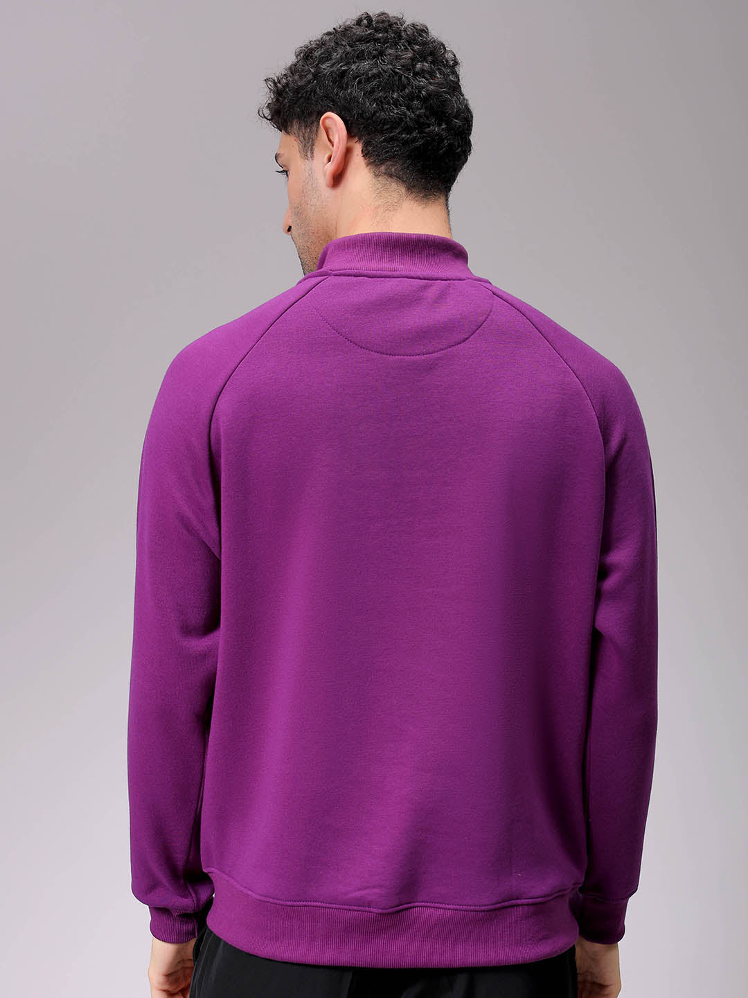 Men's Purple Relaxed Fit Solid Frontopen-Highneck Sweatshirt
