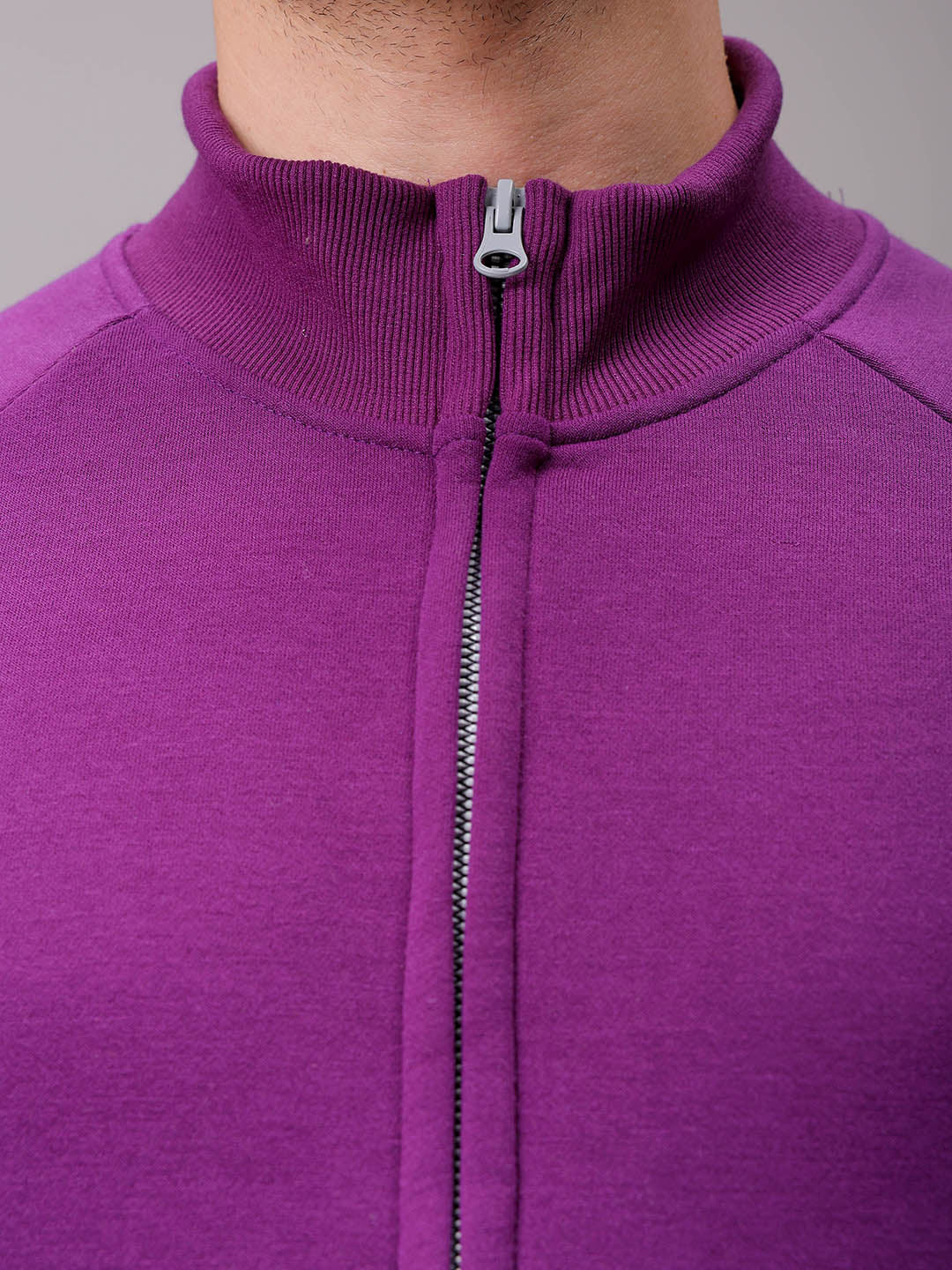Men's Purple Relaxed Fit Solid Frontopen-Highneck Sweatshirt