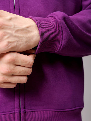 Men's Purple Relaxed Fit Solid Frontopen-Highneck Sweatshirt