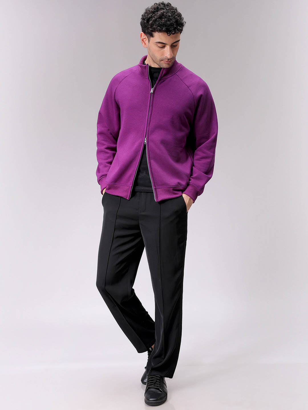 Men's Purple Relaxed Fit Solid Frontopen-Highneck Sweatshirt