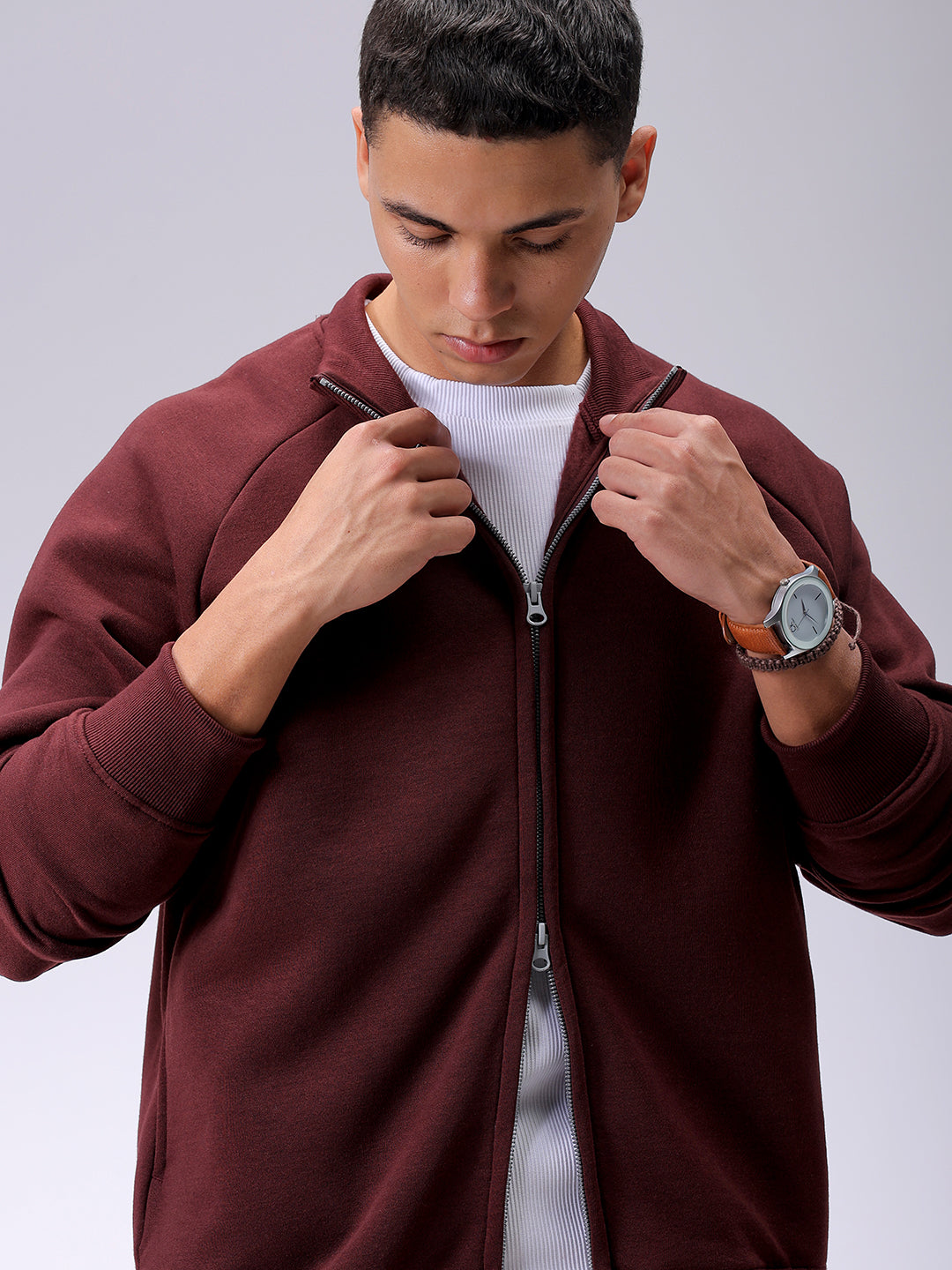 Men's Brown Relaxed Fit Solid Frontopen-Highneck Sweatshirt