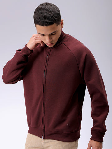 Men's Brown Relaxed Fit Solid Frontopen-Highneck Sweatshirt