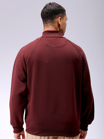 Men's Brown Relaxed Fit Solid Frontopen-Highneck Sweatshirt