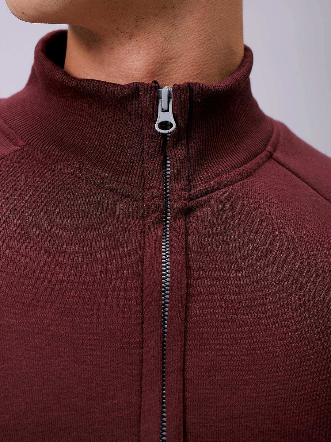 Men's Brown Relaxed Fit Solid Frontopen-Highneck Sweatshirt