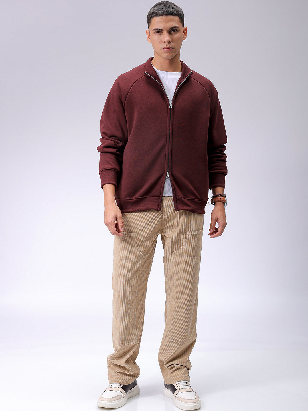 Men's Brown Relaxed Fit Solid Frontopen-Highneck Sweatshirt