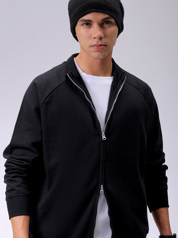 Men's Black Relaxed Fit Solid Frontopen-Highneck Sweatshirt