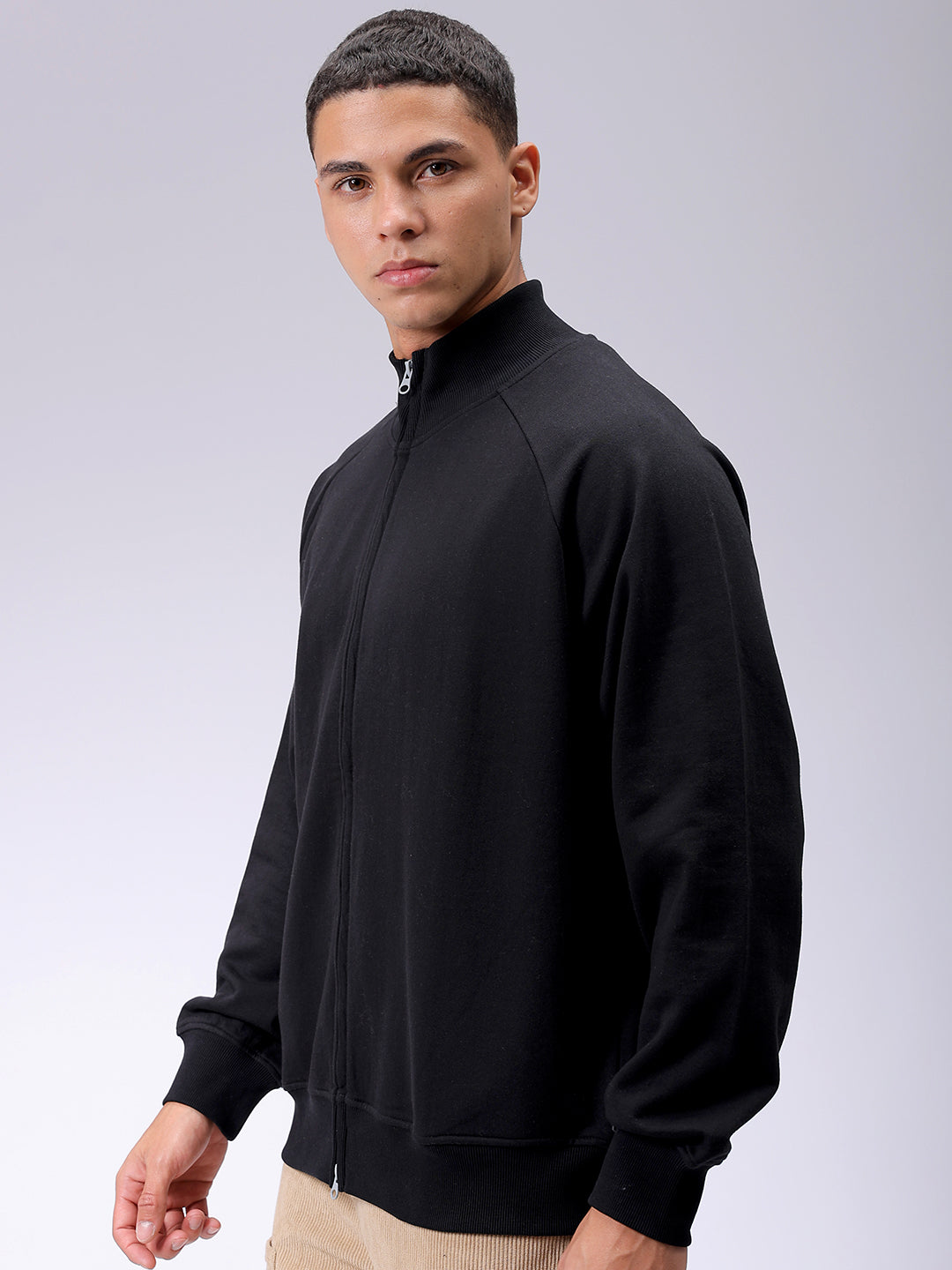 Men's Black Relaxed Fit Solid Frontopen-Highneck Sweatshirt