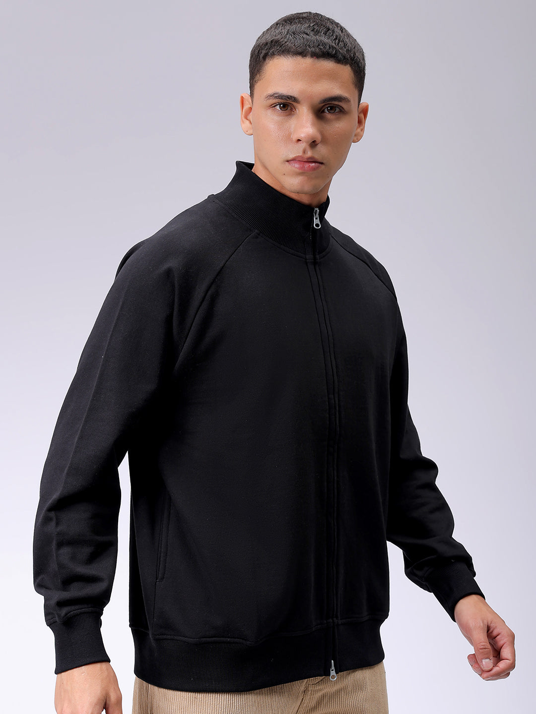 Men's Black Relaxed Fit Solid Frontopen-Highneck Sweatshirt