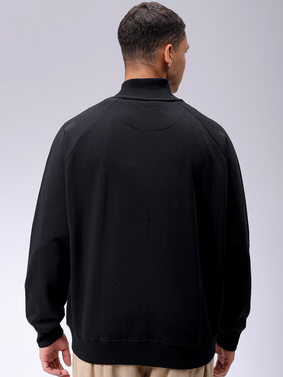 Men's Black Relaxed Fit Solid Frontopen-Highneck Sweatshirt