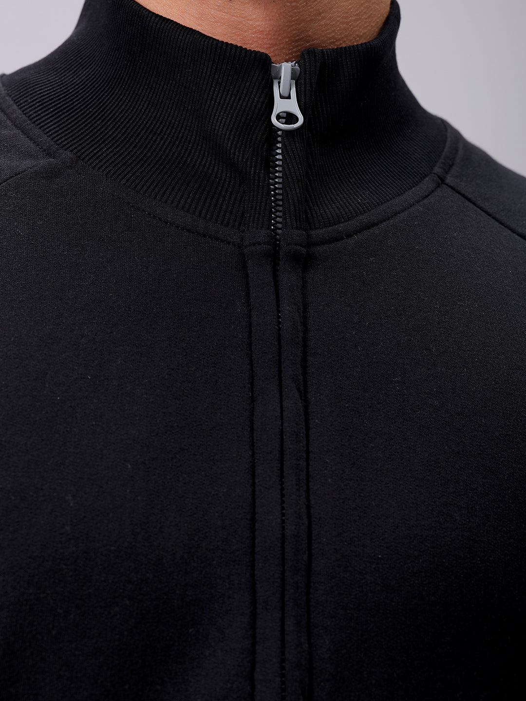 Men's Black Relaxed Fit Solid Frontopen-Highneck Sweatshirt