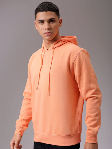 Men's Orange Regular Fit Solid Overhead Hooded Sweatshirt