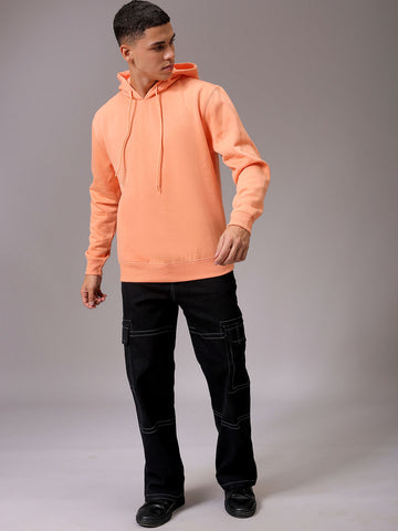 Men's Orange Regular Fit Solid Overhead Hooded Sweatshirt