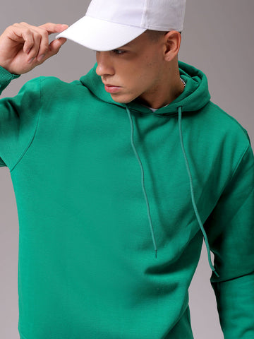 Men's Green Regular Fit Solid Overhead Hooded Sweatshirt