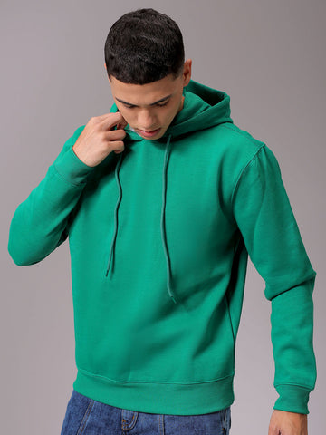 Men's Green Regular Fit Solid Overhead Hooded Sweatshirt