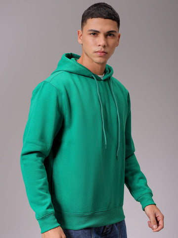 Men's Green Regular Fit Solid Overhead Hooded Sweatshirt