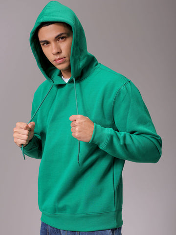 Men's Green Regular Fit Solid Overhead Hooded Sweatshirt