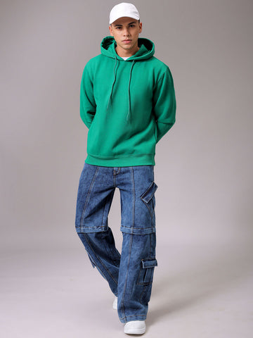 Men's Green Regular Fit Solid Overhead Hooded Sweatshirt