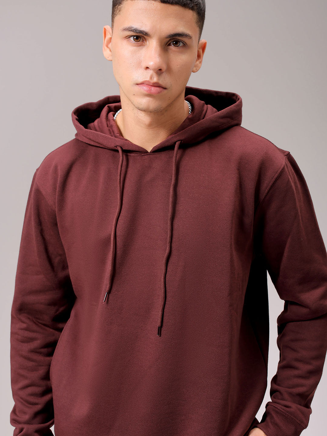 Men's Brown Regular Fit Solid Overhead Hooded Sweatshirt