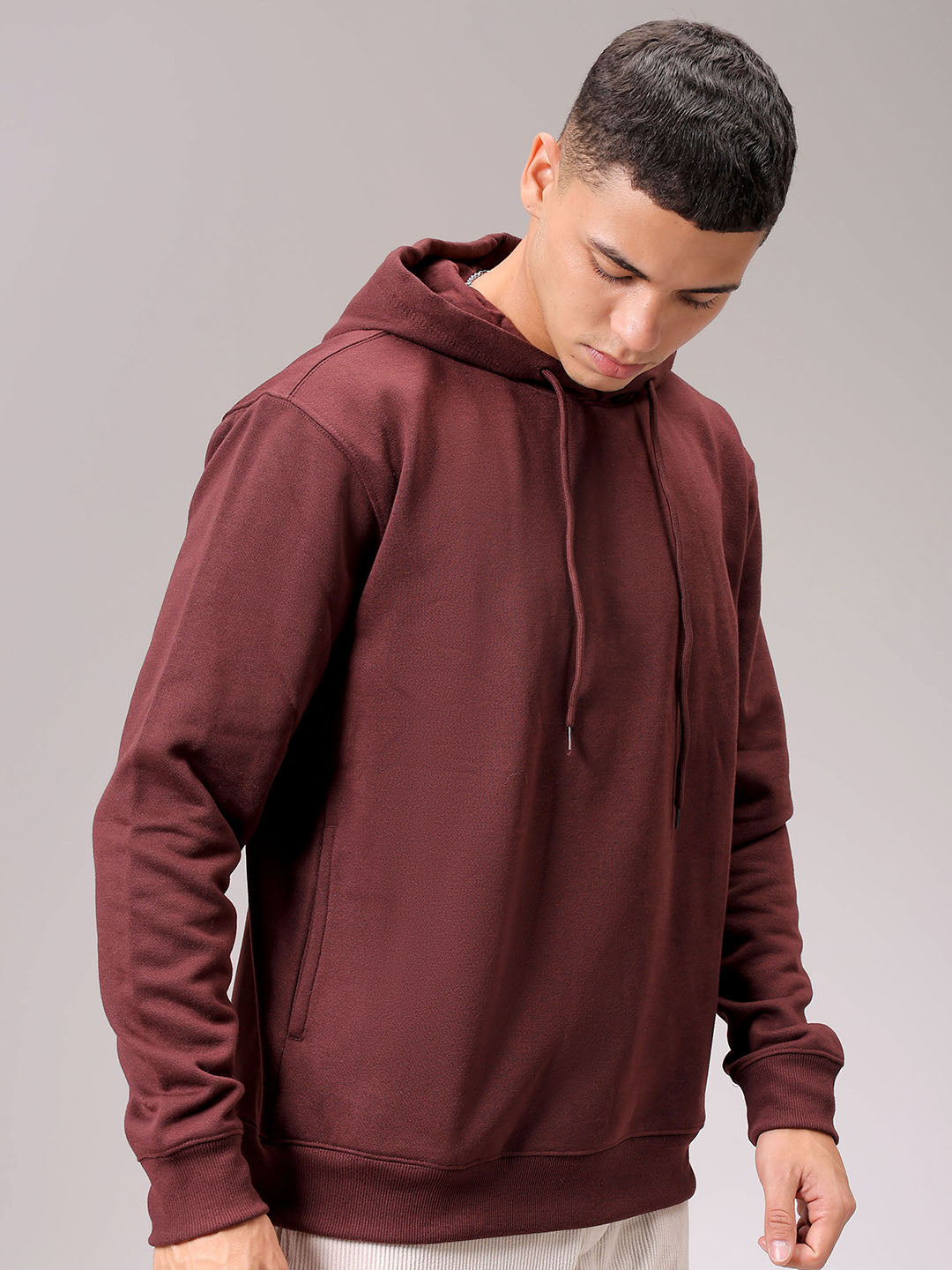 Men's Brown Regular Fit Solid Overhead Hooded Sweatshirt