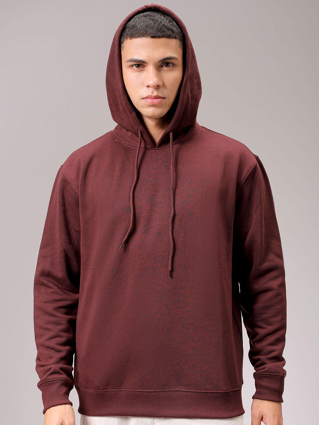 Men's Brown Regular Fit Solid Overhead Hooded Sweatshirt