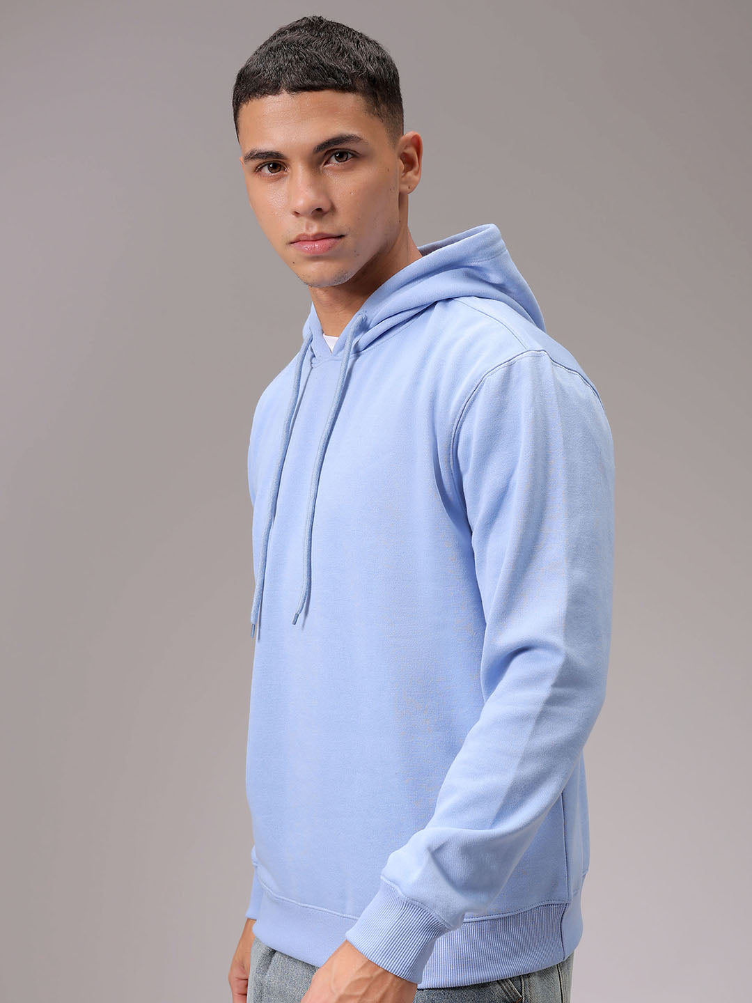 Men's Blue Regular Fit Solid Overhead Hooded Sweatshirt