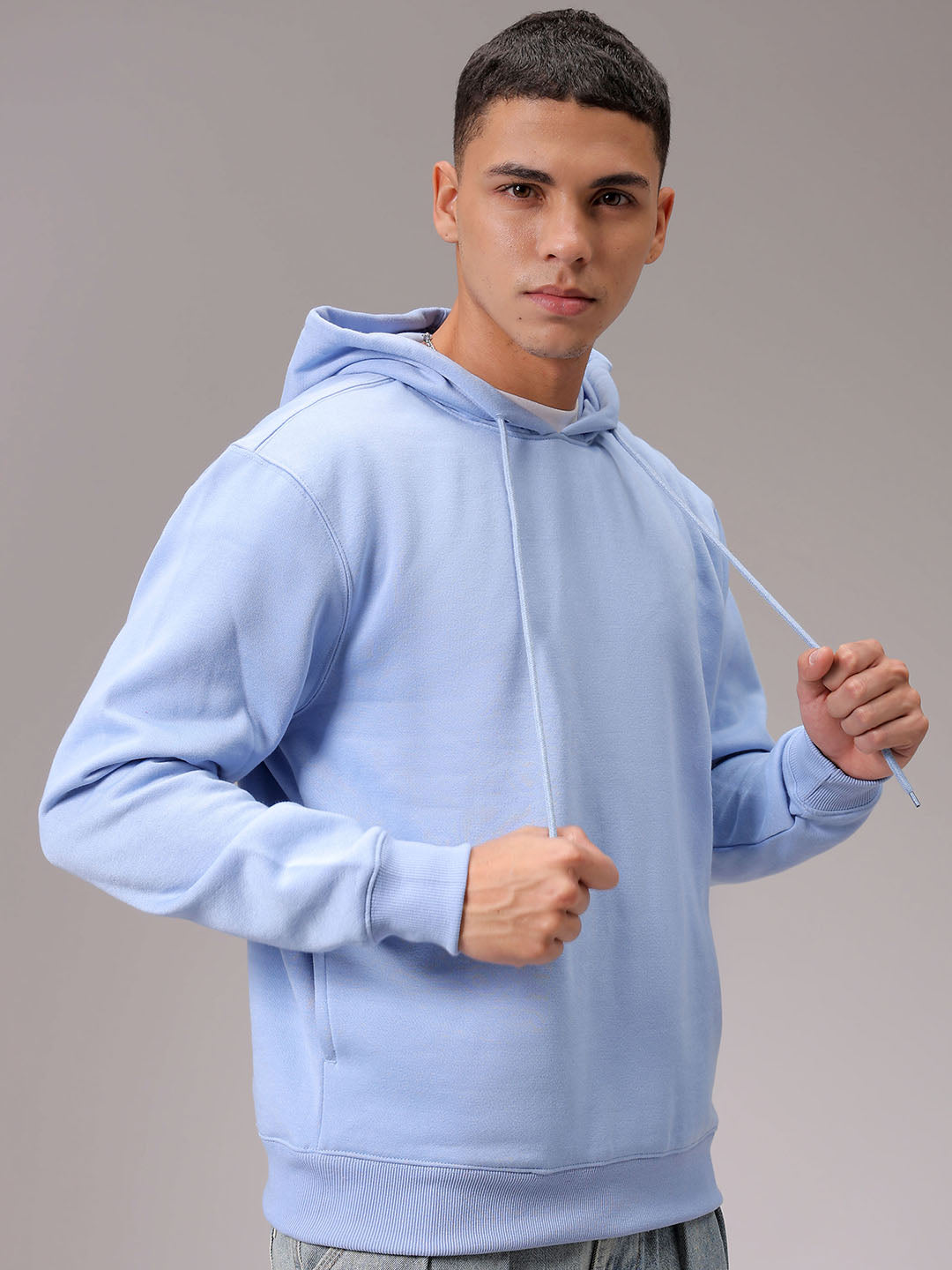 Men's Blue Regular Fit Solid Overhead Hooded Sweatshirt